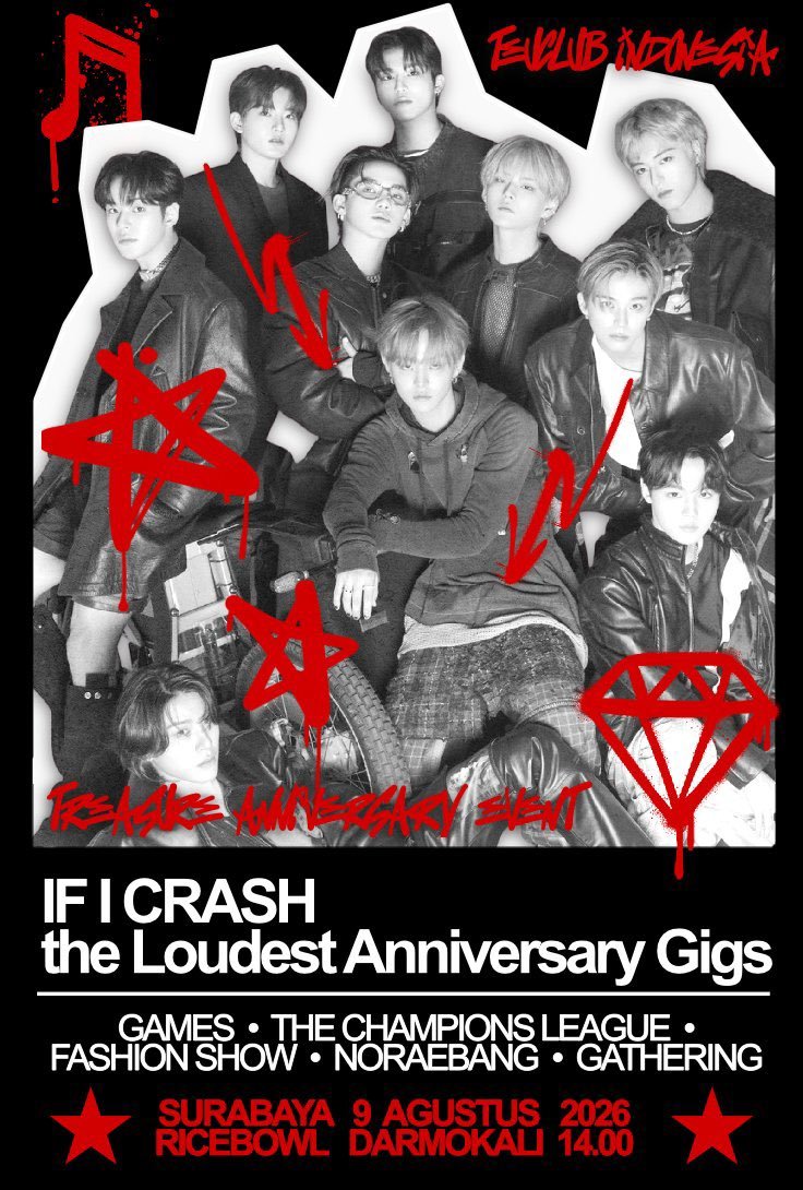 kyustellation's tweet photo. Treasure Anniversary .:*♡
If I Crash ; The Loudest Anniversary

Special 6th Anniversary Event
Proudly Present by @teuclub_id

📆 Minggu, 09 Agustus 2026
📍Rice Bowl Monster Darmokali, Surabaya
🔗 https:/bit.ly/IFICRASHTEUCLUBID
#TEUCLUBID #TREASURE #트레저 https://t.co/glYCG9mZGc