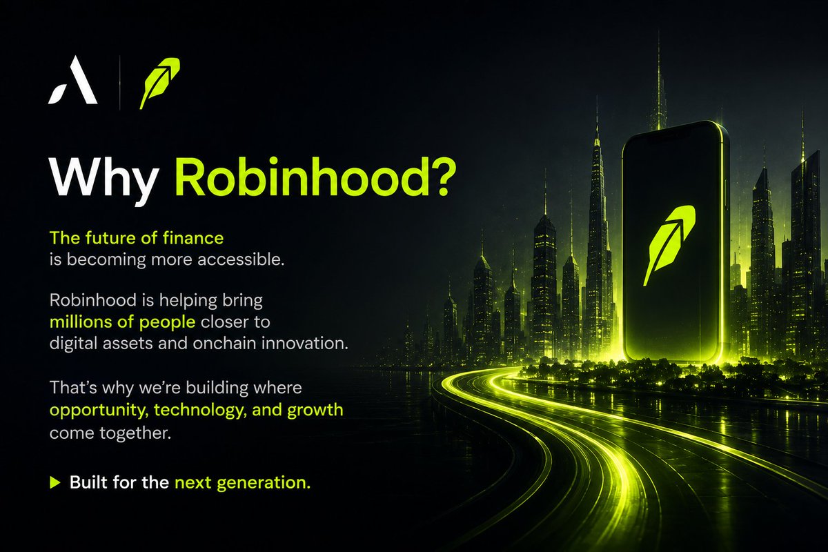 alephholding's tweet photo. Why Robinhood?

The future of finance is becoming more accessible.

Robinhood is helping bring millions of people closer to digital assets and onchain innovation.

That’s why we’re building where opportunity, technology, and growth come together.

Built for the next generation. https://t.co/0PgXIOfjFW