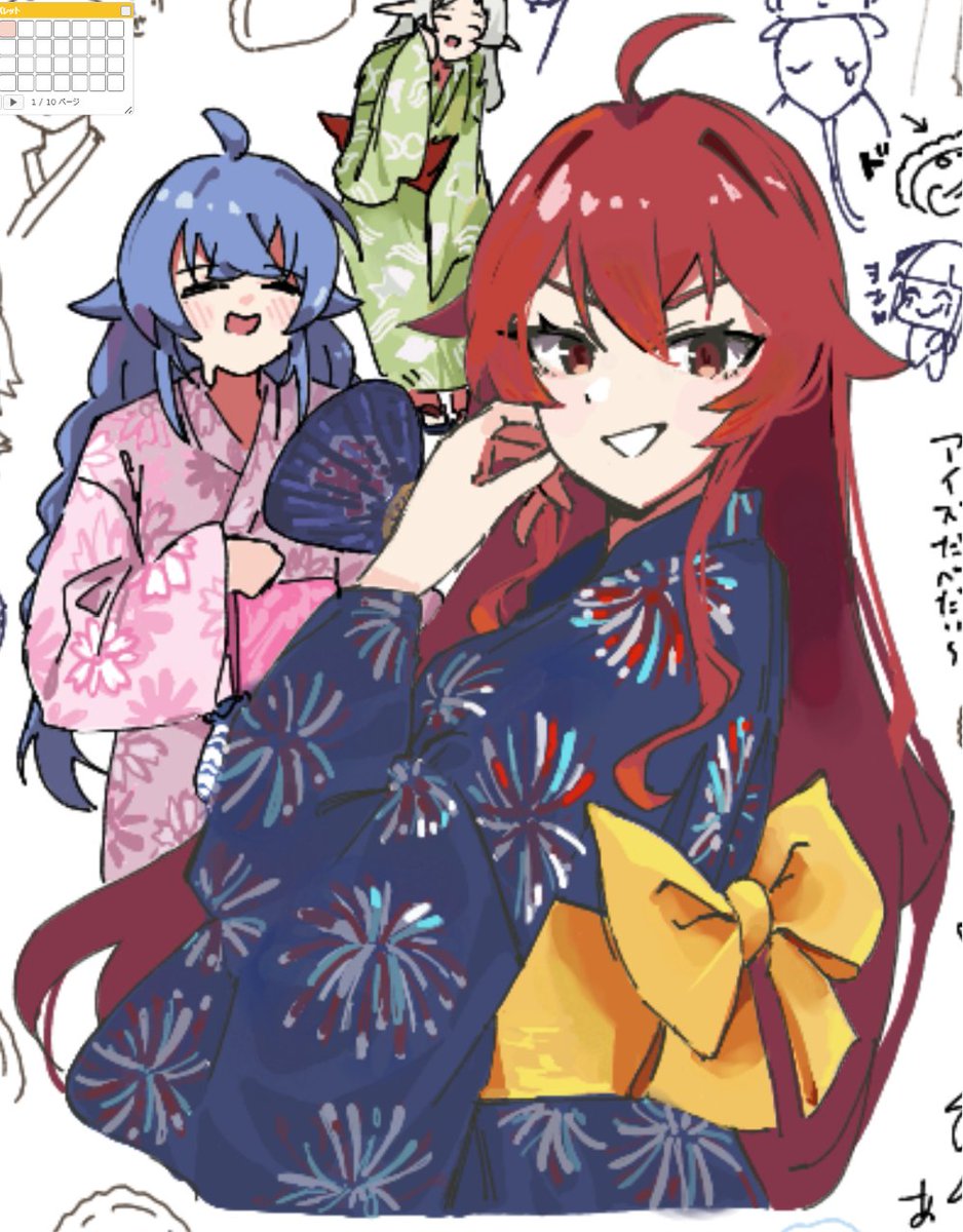 Kutitomegumi's tweet photo. 皆様絵チャット参加、視聴ありがとうございました！
お題「浴衣、夏祭り」
エリス、ロキシー、シルフィ描きました！

ツリーに全体のキャンバスと参加者一覧載せているので是非見てください！
 #絵チャ #無職転生 https://t.co/QadvqcJXWl