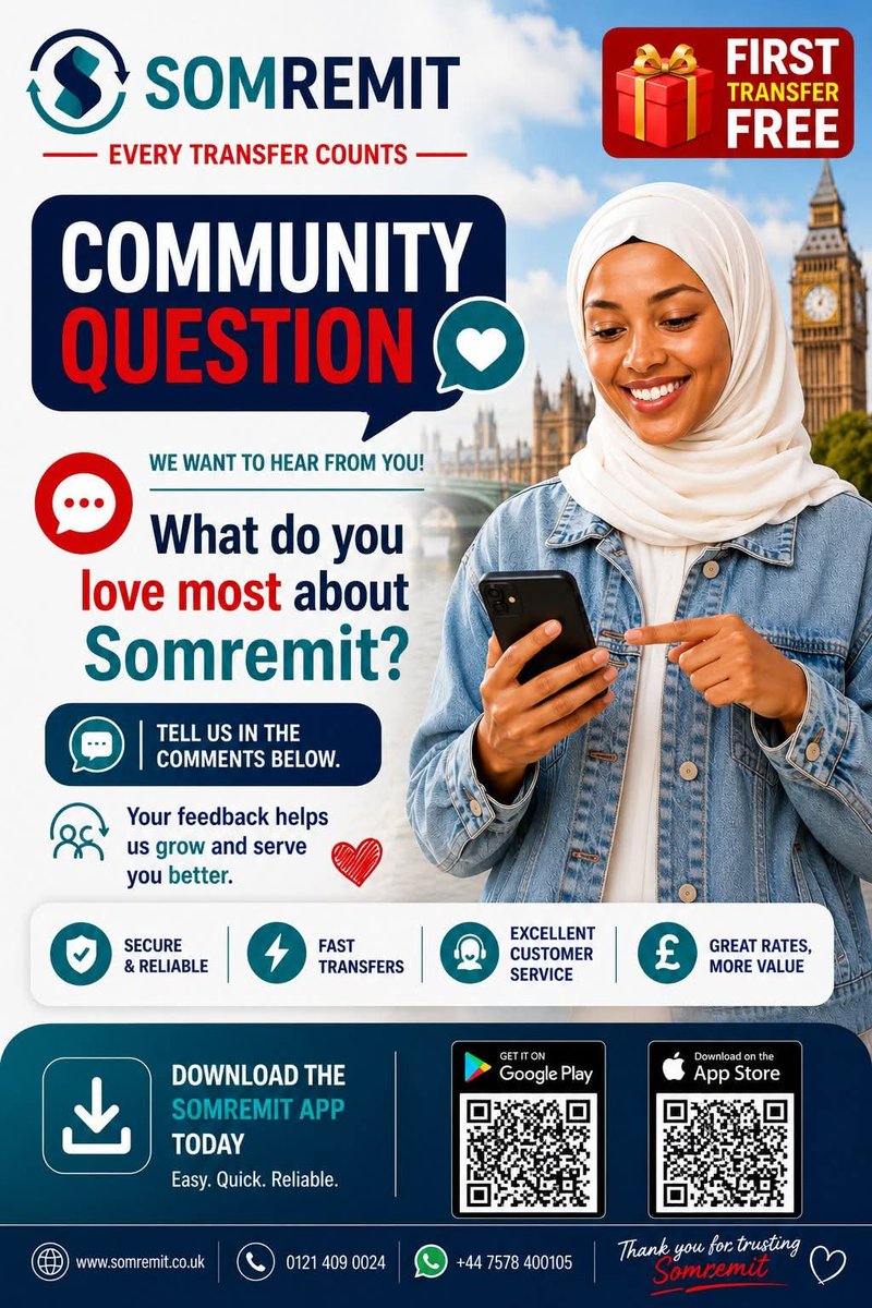 somremit's tweet photo. 💙 WE WANT TO HEAR FROM YOU!

Somremit is built around the people who trust us to connect them with the people who matter most.

So today, the question is simple:

What do you love most about Somremit? ❤️

Is it the speed? ⚡
The security? 🔒
The competitive rates? 💷
The customer service? 🤝
Or simply the confidence of knowing your money is in trusted hands?

👇 Tell us in the comments below.

Your feedback helps us listen, improve and build an even better Somremit for our community.

Thank you for choosing us. 💙

Somremit — Every Transfer Counts.

#Somremit #EveryTransferCounts #SomremitCommunity #CommunityFirst #CustomerFeedback #MoneyTransfer #Somalia #Kenya #SomaliDiaspora