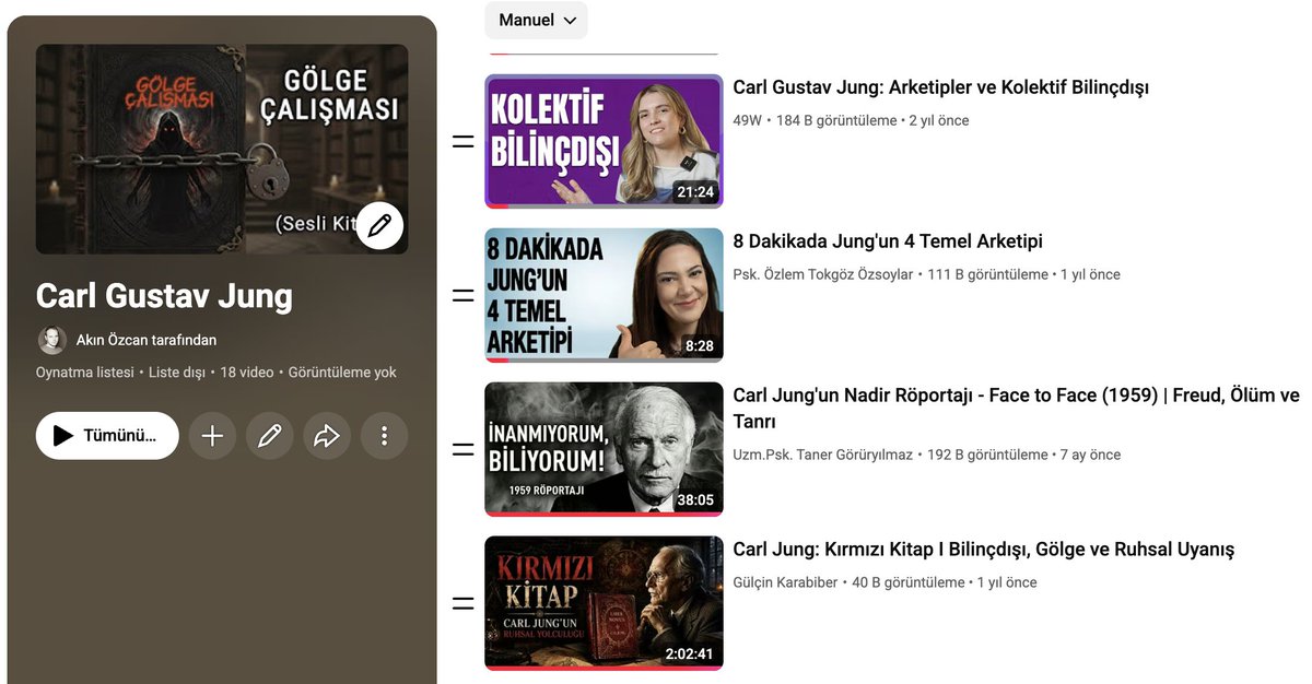 AkinOzcan85's tweet photo. Carl Gustav Jung ile ilgili izlediğim ve izleyeceğim videoları bir YT listesinde topladım. İlgimi çekenler oldukça bu listeye ekleyeceğim.

Liste genele açık değil, sadece link üzerinden erişilebiliyor. O yüzden ilginizi çekiyorsa daha sonra ulaşmak için ister direkt bu gönderiyi kaydedin isterseniz de aşağıdaki linki kopyalayıp başka bir yere kaydedin.

Liste: https://t.co/WB4djTBTXZ