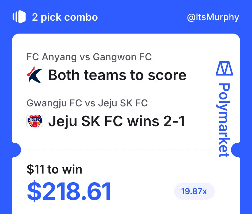heychamp_'s tweet photo. another day another combo hit on @Polymarket 

this time 19.87x

$11 -> $218.61

i was literally seconds away from losing this one, but last minute gangwon goal saved me!!

competition keeps getting tougher each passing day, so i'm still overthinking if this is enough to hit today's top 100 combo cup leaderboard