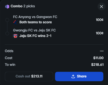 heychamp_'s tweet photo. another day another combo hit on @Polymarket 

this time 19.87x

$11 -> $218.61

i was literally seconds away from losing this one, but last minute gangwon goal saved me!!

competition keeps getting tougher each passing day, so i'm still overthinking if this is enough to hit today's top 100 combo cup leaderboard
