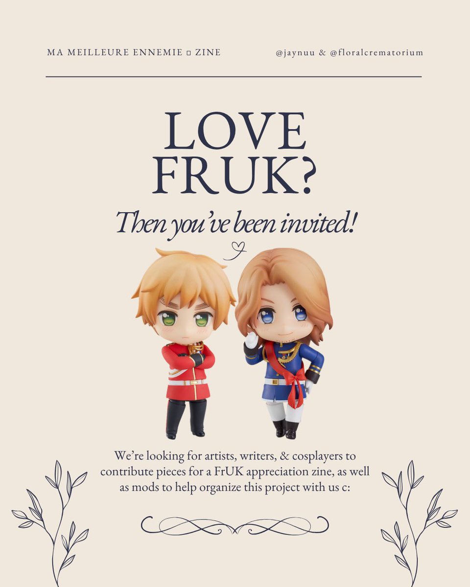 jaynuu_'s tweet photo. ZINE  PROPOSAL !! ARTISTS, WRITERS, COSPLAYERS WELCOME 

MA MEILLEURE ENNEMIE: A FrUK Appreciation Zine is centred on celebrating the #hetalia pairing between France &amp; England. 

Creatives of all mediums are invited, only requirement is being a fan of #fruk 😁😁 https://t.co/k2VjEQBm1t