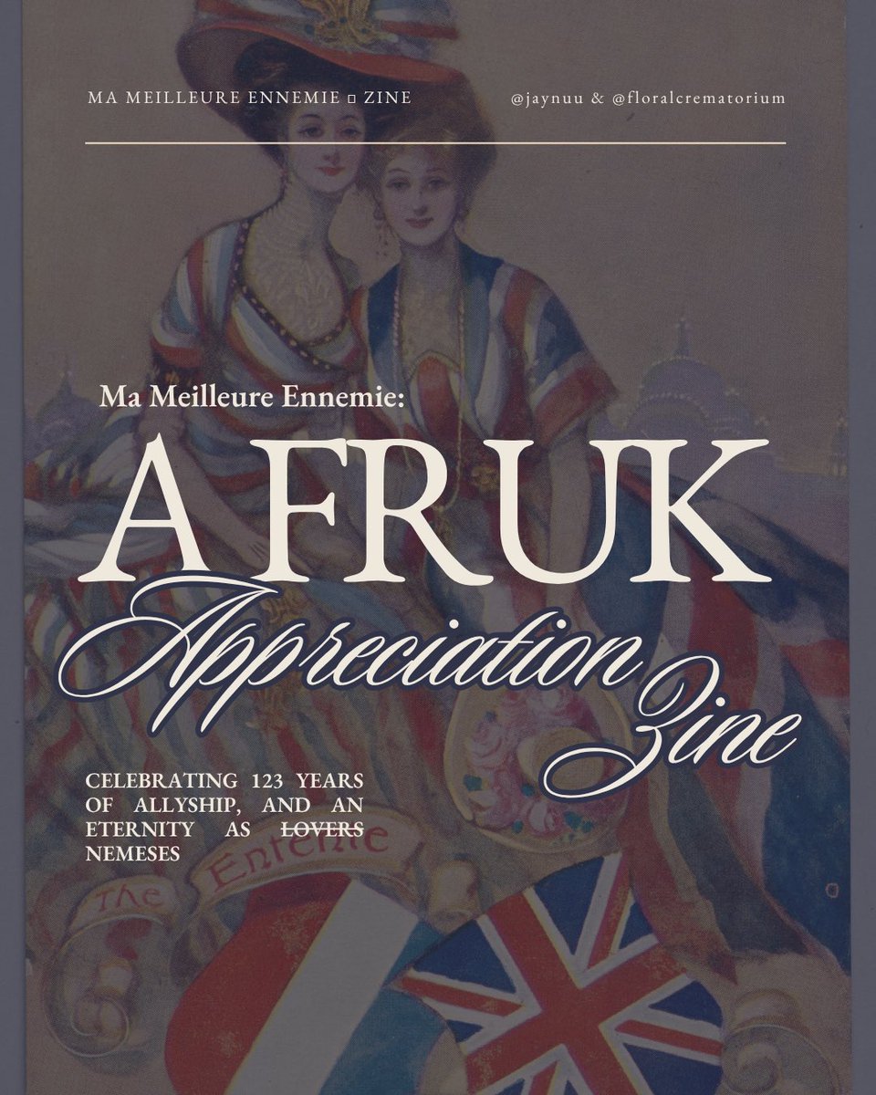 jaynuu_'s tweet photo. ZINE  PROPOSAL !! ARTISTS, WRITERS, COSPLAYERS WELCOME 

MA MEILLEURE ENNEMIE: A FrUK Appreciation Zine is centred on celebrating the #hetalia pairing between France &amp; England. 

Creatives of all mediums are invited, only requirement is being a fan of #fruk 😁😁 https://t.co/k2VjEQBm1t