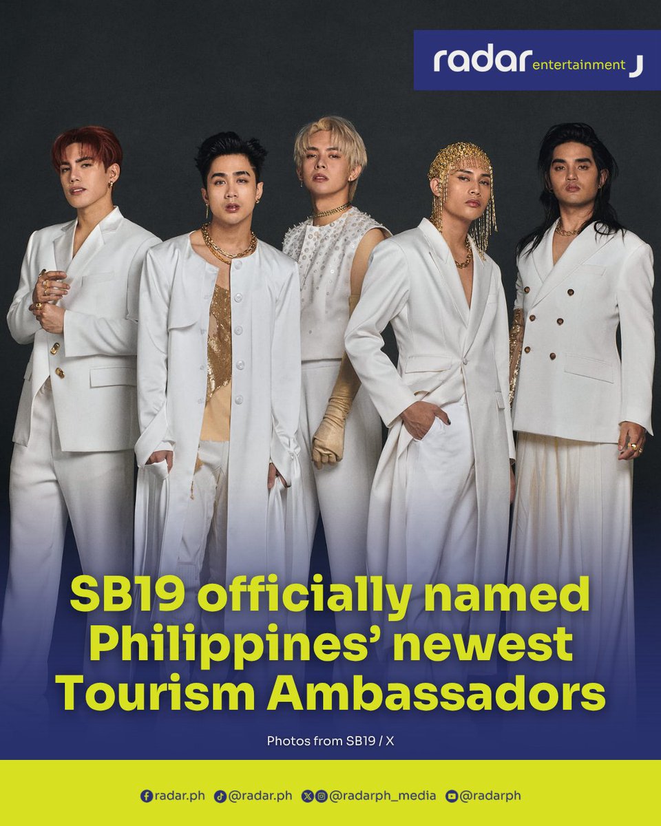 radarph_media's tweet photo. The Department of Tourism (DOT) has officially named SB19 as the Philippines’ newest Tourism Ambassadors, tapping the P-Pop supergroup to help promote the country to audiences around the world.

The announcement came after days of online speculation sparked by the DOT’s cryptic social media posts, including five goat emojis and the delivery of a special “Galingbayan” care package to the group before the start of their U.S. and Japan tour.

Tourism Secretary Dita Angara-Mathay said SB19’s global popularity and influence make the group ideal ambassadors for Philippine tourism.

“SB19’s talent is undeniable—their music is powerful, and so is their influence,” she said, noting that the group’s fanbase spans the United States, Europe, ASEAN, and other parts of the world. She added that many overseas Filipinos and international fans have already been traveling to the Philippines to watch the group perform.

SB19 member Josh Cullen welcomed the appointment, saying the group has long hoped to work on a project that promotes the country.

“Matagal na po itong moment na ito na inaantay namin. We want to make a genuine difference,” he said. “By taking our music to established international markets, we can connect with the global Filipino diaspora, share our culture, and give them that feeling of home.”

As Tourism Ambassadors, SB19 will work with the DOT on campaigns encouraging fans from around the world to visit the Philippines and experience its culture and destinations firsthand.

The appointment comes as SB19 prepares for a string of historic international appearances. On July 29, the group will become the first Filipino act to throw the ceremonial first pitch at a Major League Baseball game before the Chicago White Sox-New York Yankees matchup. A day later, they will make history again as the first Filipino act to perform at Lollapalooza in Chicago.

The group is also set to perform at Summer Sonic 2026 in Osaka and Tokyo this August alongside fellow Filipino acts, including BINI, which was also recently named a DOT Tourism Ambassador.

The DOT said more joint tourism initiatives featuring SB19 will be announced in the coming months under its “Love the Philippines” campaign.

✍️: Top Dagohoy

#radarPHEntertainment #radarPH