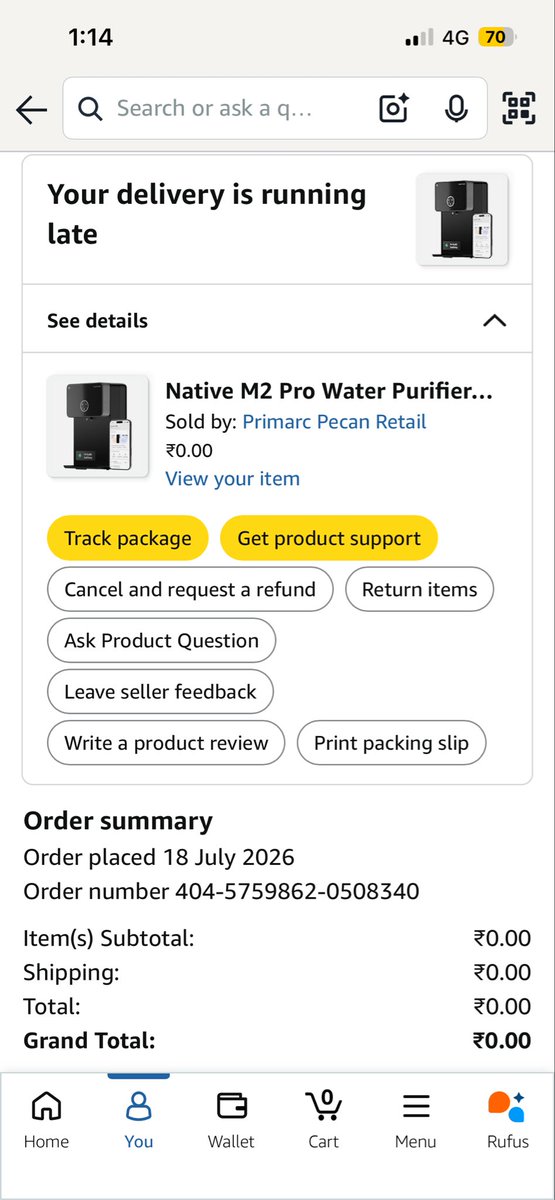 ajju's tweet photo. @amazonIN @ravish_journo @ndtv @ajassy @jagograhakjago I need urgent help. Order #403-1483837-6624363 (Native M2 Pro Water Purifier, ₹17,799) placed 4 July was never delivered despite a promised buffer date of 17 July. https://t.co/Gelt0BOmIS