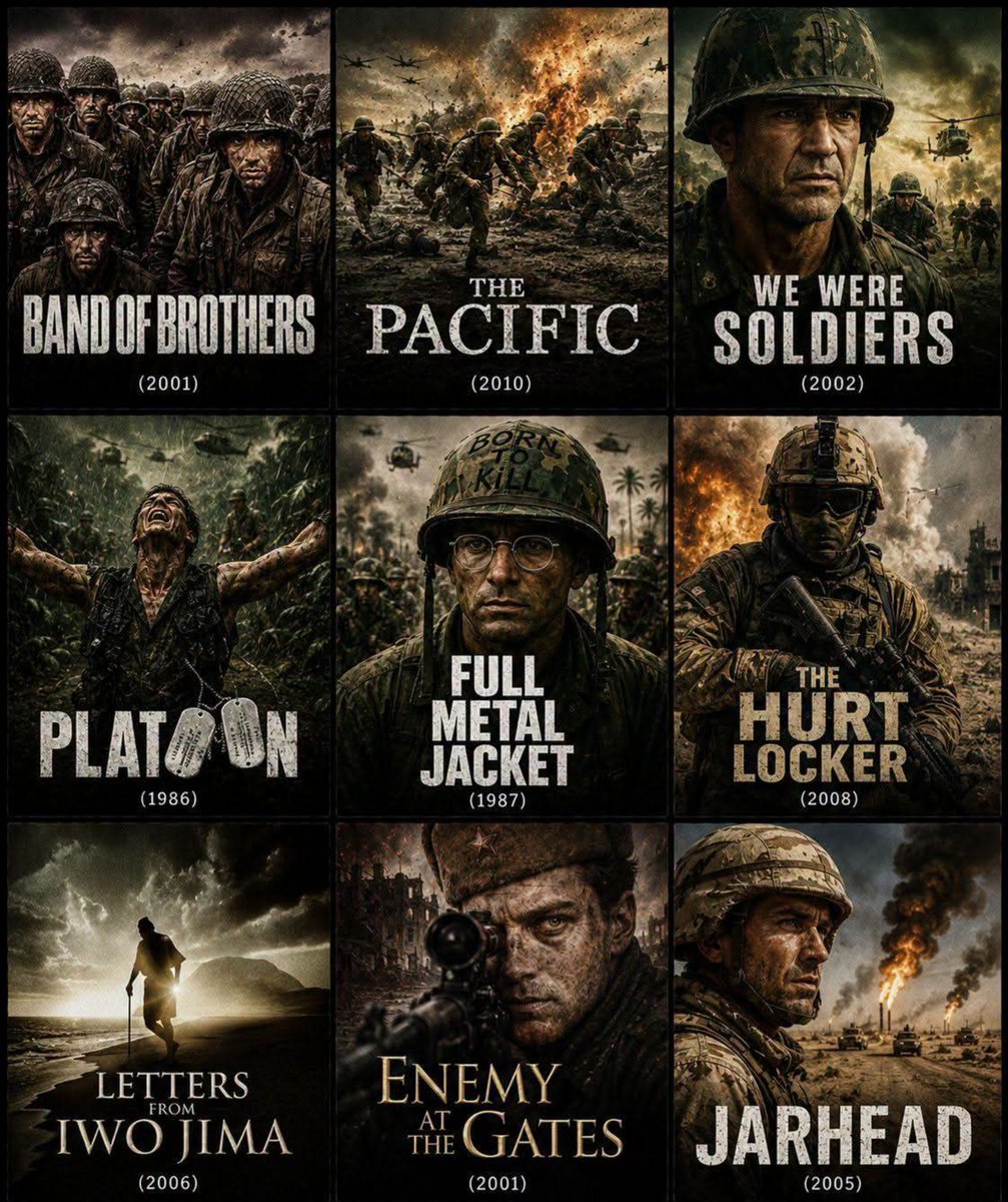 jackofficial_01's tweet photo. Best Modern War Movies & Series You Must Watch ...

1. Band of Brothers (2001) | War / Drama |IMDb: 9.4/10
OTT: Max
Story: Follow Easy Company through the toughest battles of World War II in one of the greatest war series ever made.

2.The Pacific (2010) | War / Drama | IMDb: 8.3/10
OTT: Max
Story: The brutal Pacific campaign of World War II is told through the eyes of U.S. Marines.

3.We Were Soldiers (2002) | War / Drama |  IMDb: 7.2/10
OTT: Prime Video (varies by region)
Story: Based on the true story of the Battle of Ia Drang during the Vietnam War.

4.Platoon (1986) | War / Drama | IMDb: 8.1/10
OTT: Prime Video (varies by region)
Story: A young American soldier experiences the brutal realities of the Vietnam War.

5.Full Metal Jacket (1987) | War / Drama | IMDb: 8.2/10
OTT: Max / Prime Video (varies by region)
Story: Marines endure ruthless training before facing the horrors of the Vietnam War.

6.The Hurt Locker (2008) | War / Thriller |  IMDb: 7.5/10
OTT: Prime Video (varies by region)
Story: An elite bomb disposal team faces life-or-death missions during the Iraq War.

7.Letters from Iwo Jima (2006) | War / Drama | IMDb: 7.9/10
OTT: Prime Video (varies by region)
Story: The Battle of Iwo Jima is told from the perspective of Japanese soldiers.

8.Enemy at the Gates (2001) | War / Drama | IMDb: 7.5/10
OTT: Prime Video (varies by region)
Story: Two legendary snipers face off during the Battle of Stalingrad.

9.Jarhead (2005) | War / Drama | IMDb: 7.0/10
OTT: Prime Video (varies by region)
Story: A Marine sniper struggles with the psychological strain of the Gulf War.

●Which war movie or series is your all-time favorite? Let us know in the comments! 👇
