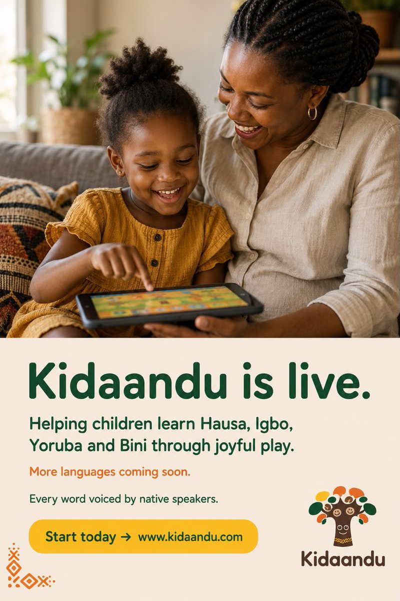 ibrahim_qosim's tweet photo. @WORLDSTAR Kidaandu is live. 🎉

Our mission is simple: help African families preserve their heritage language through joyful learning. From today, children can learn Hausa, Igbo, Yoruba and Bini through games and culturally rich, hands-on play — wherever in the world they call home.
Free https://t.co/oFEM39caub