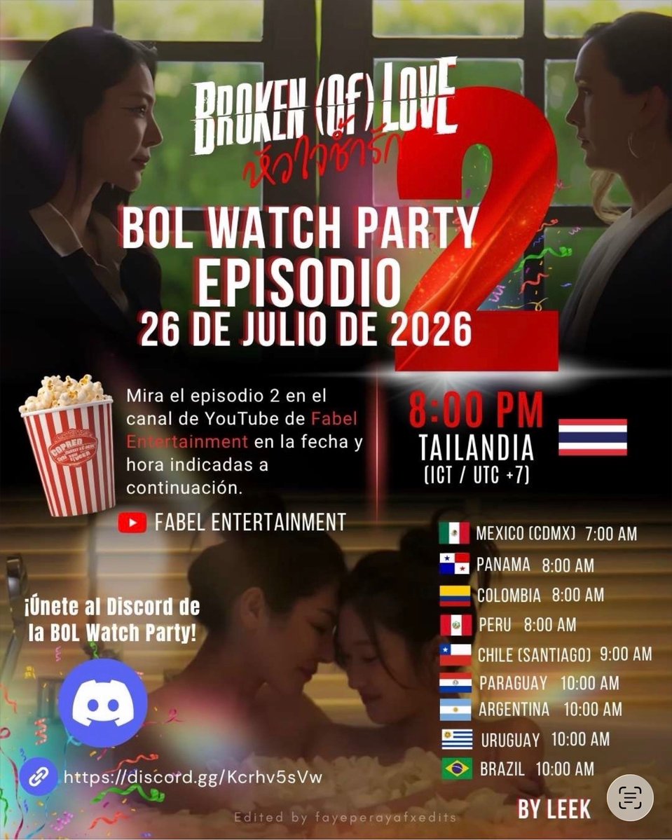 LeeK561170's tweet photo. 🎉 BOL WATCH PARTY DAY (EP 2) IS HERE! 🎉
Let’s make episode 2's views and comments EXPLODE! 🔥🎉
🗓️ Sunday, July 26 @ 8PM BKK
See the schedule for all time zones on the posters below (@LuteFayeEdits)
ℹ️ How it works: the Watch Party simply means streaming episode 2 together on Fabel Entertainment's YouTube channel today at 8PM BKK
💬 Want to chat with fellow fans while watching? Join the BOL WATCH PARTY Discord server
👉 https://t.co/AN9Oyudte3
We're over 170 on the server! Come join us!
We’ve created a Spanish-language chat on the server for fans who would like to chat in Spanish while still having access to the general English chat (click on #chat-en-español.)
📌 Like, comment & repost to spread the word.
The more of us, the bigger our impact!
#Brokenoflovetheseries #fayeperaya #AtomPariya