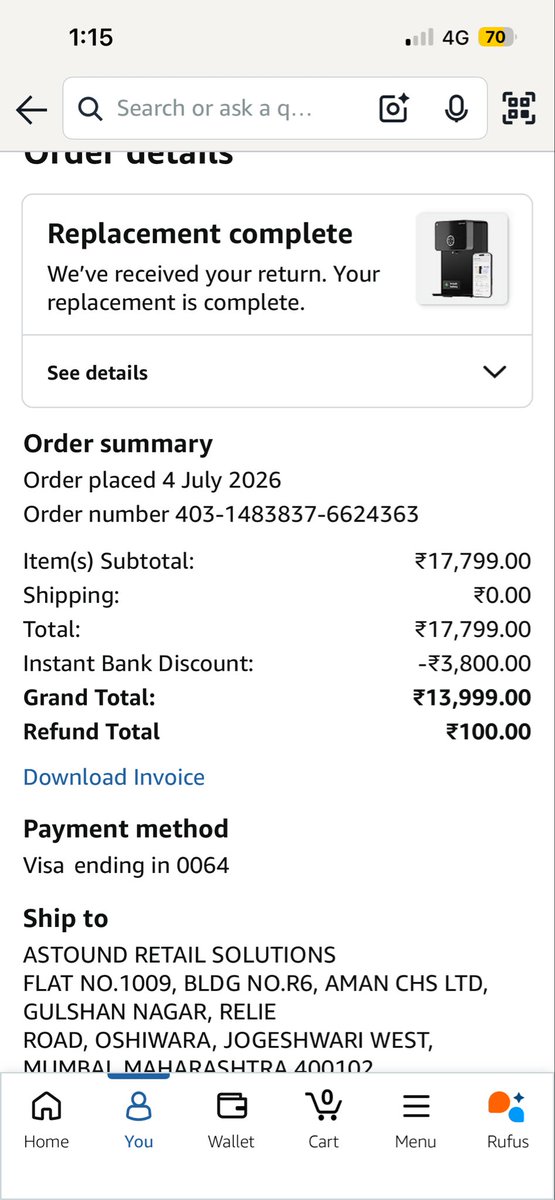 ajju's tweet photo. @amazonIN @ravish_journo @ndtv @ajassy @jagograhakjago @AmazonHelp . Support (agent Gagan) confirmed the delay on 18 July and created replacement order #404-5759862-0508340, promising delivery by 21 July. It’s now well past that date, and my account shows “Replacement complete” with only a ₹100 refund https://t.co/71yR7uunfX