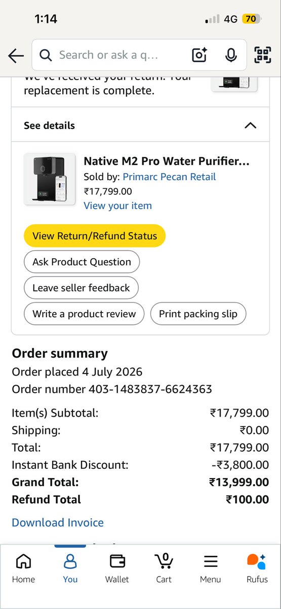 ajju's tweet photo. @amazonIN @ravish_journo @ndtv @ajassy @jagograhakjago @AmazonHelp . Support (agent Gagan) confirmed the delay on 18 July and created replacement order #404-5759862-0508340, promising delivery by 21 July. It’s now well past that date, and my account shows “Replacement complete” with only a ₹100 refund https://t.co/71yR7uunfX