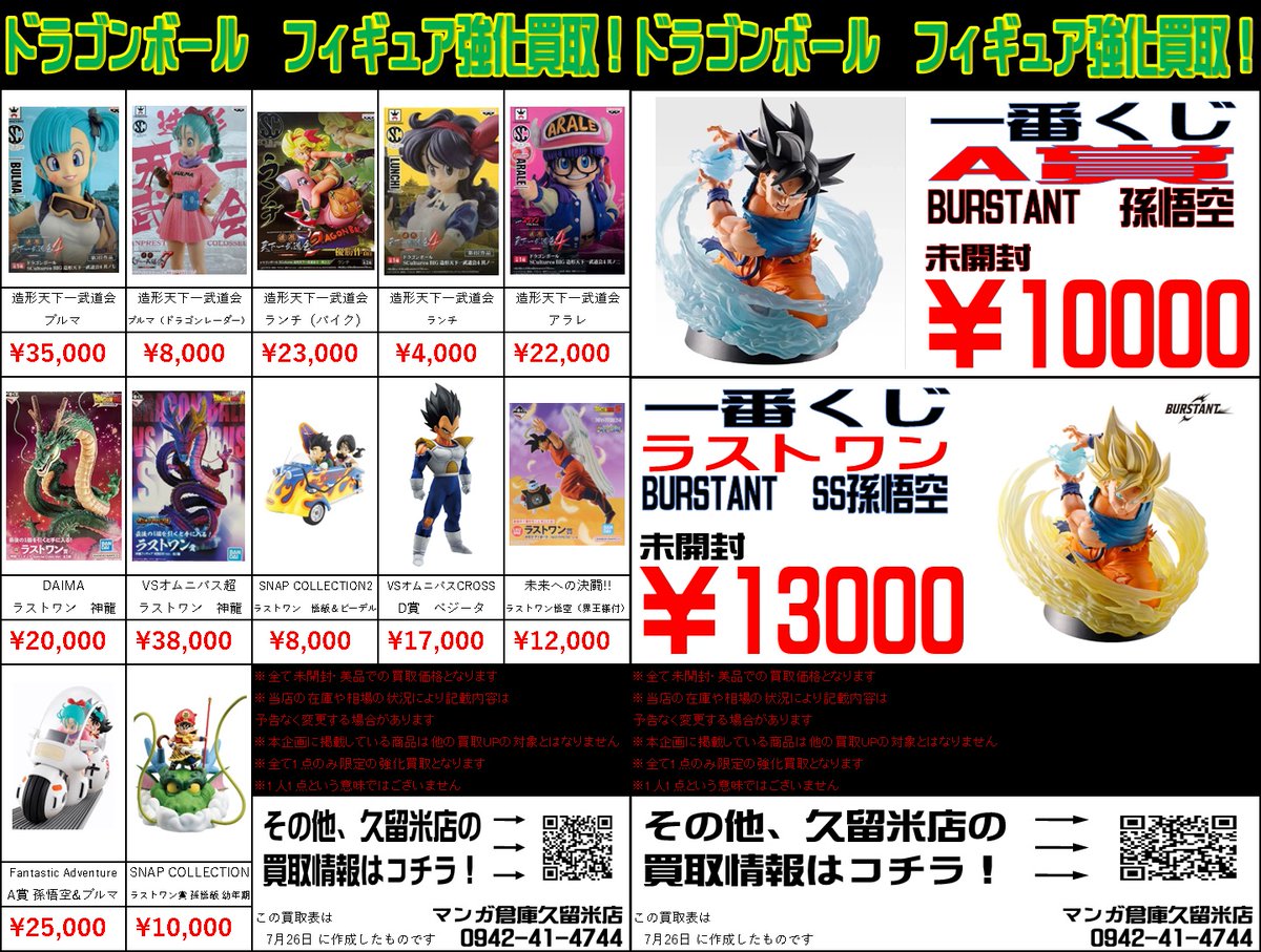 kurumeman's tweet photo. こんにちは！久留米店です！
ドラゴンボールの一番くじフィギュア・レア��フィギュアの強化買取表を更新しました～～！！！！
数量限定での強化買取となります……！
ぜひこの機会に久留米店へお持ちください～～！！ https://t.co/OQRAWMXbS6