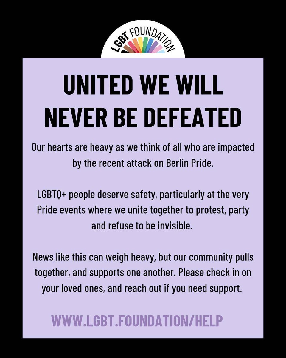 LGBTfdn's tweet photo. We're sending love and solidarity to all affected by the attack on Berlin Pride. 

LGBTQ+ people deserve safety, particularly at the very Pride events where we unite together to protest, party and refuse to be invisible. https://t.co/u39xR7Cu2x