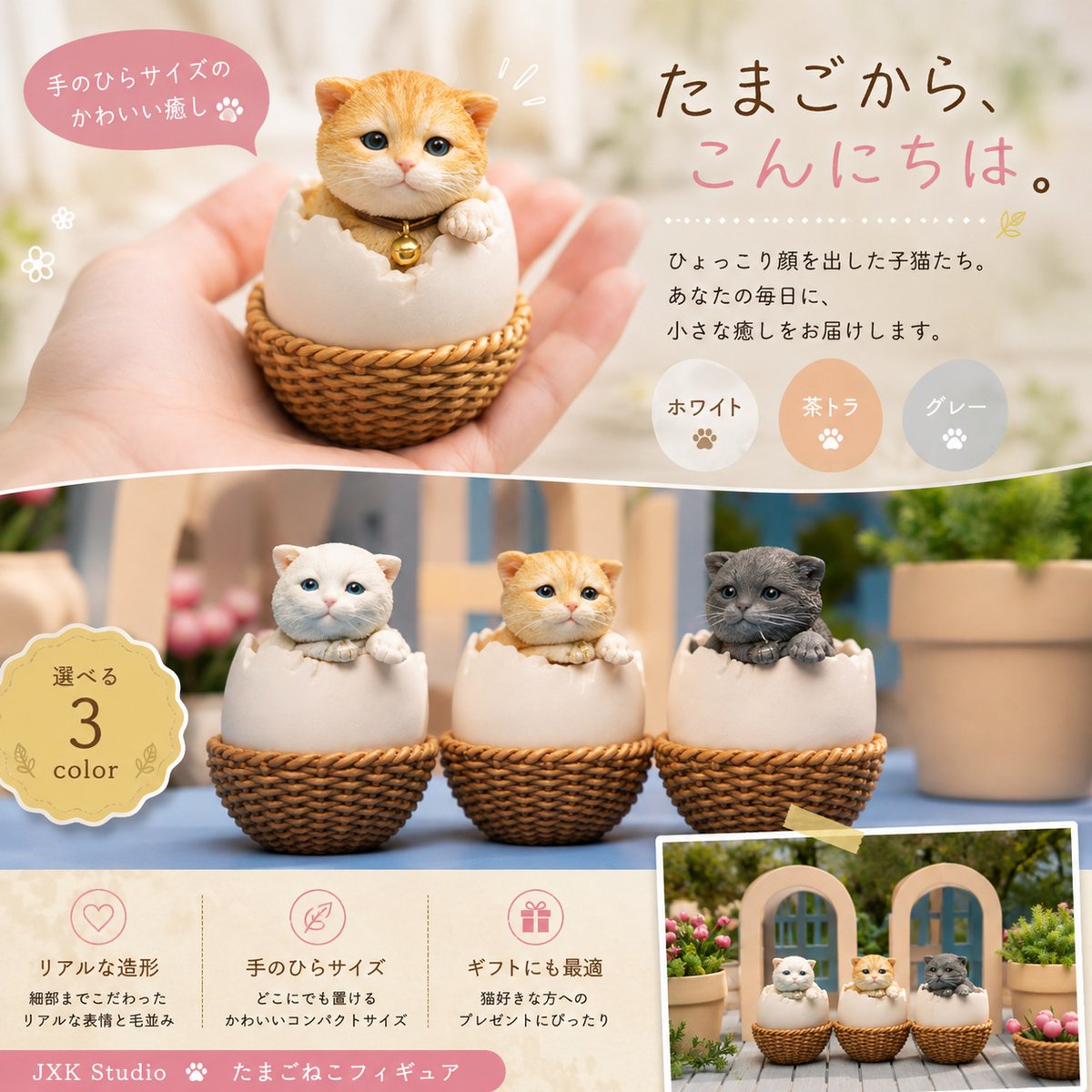 卵に入った猫のミニチュアフィギュア 4体セット 🥚🐱 思わず笑顔になる、小さな「たまご猫」。 ころんとした卵の殻から