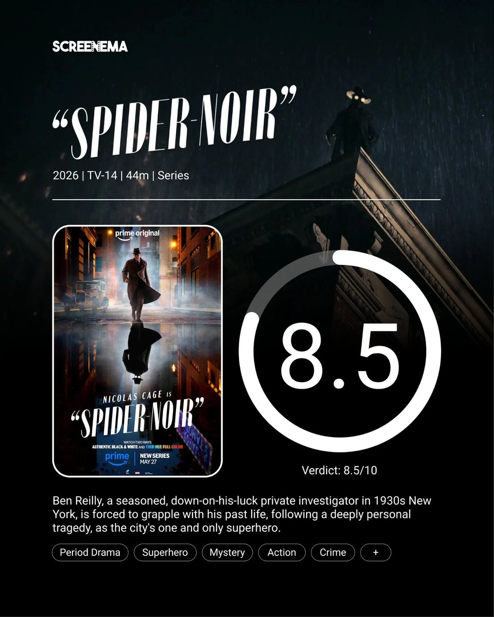 ScreenemaRates's tweet photo. How would you rate Spider-Noir? Share your thoughts below!
#SeriesReview #TVReview #SpiderNoir #ShowCritique #SeriesDiscussion https://t.co/NB5X023nxh