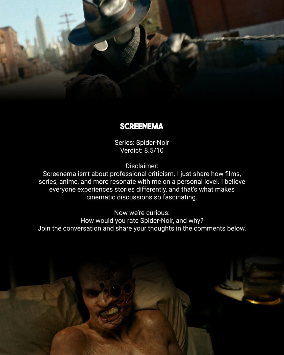 ScreenemaRates's tweet photo. How would you rate Spider-Noir? Share your thoughts below!
#SeriesReview #TVReview #SpiderNoir #ShowCritique #SeriesDiscussion https://t.co/NB5X023nxh