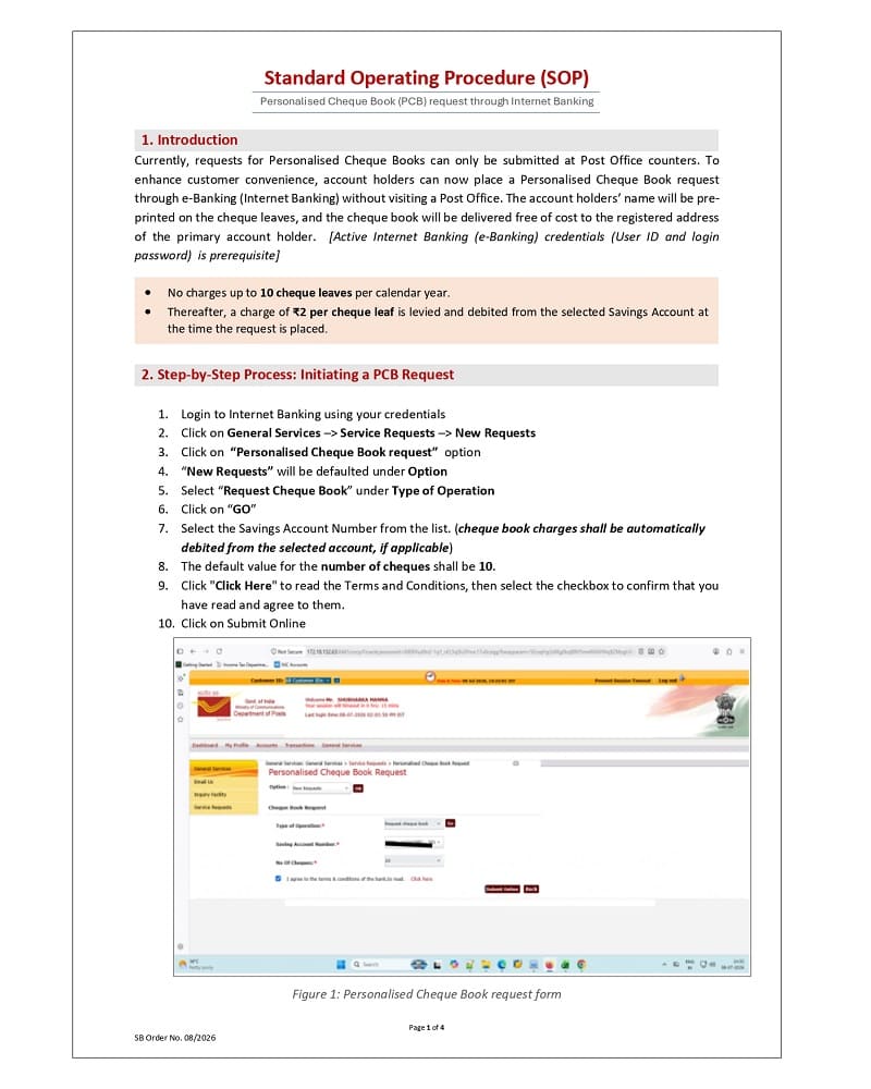 StaffNews_In's tweet photo. Online request facility for Personalized Cheque Book (PCB) for Post Office Savings Account (POSA) customers through Internet Banking: Department of Posts issues SOP vide SB Order No. 08/2026
https://t.co/xPs9RzvAoW
#PostOffice #POSB #PostOfficeSavingBank #ChequeBook #Banking #Staffnews
