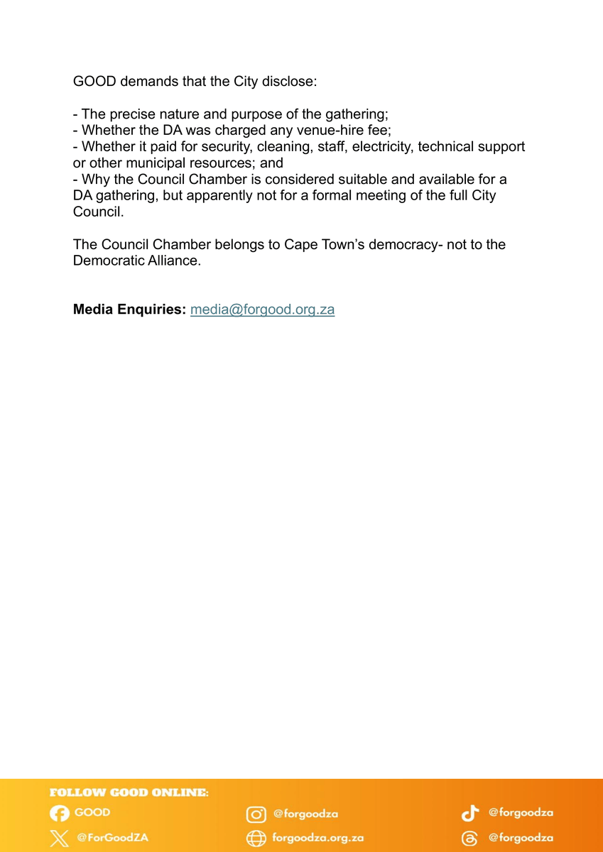 ForGoodZA's tweet photo. Video footage from Saturday, 25 July 2026, shows the DA occupying the Council Chamber in the Podium Block of the Cape Town Civic Centre for what appeared to be an organisational party meeting.

Yet the next formal meeting of the City Council, scheduled for Thursday, 30 July 2026, will again be held online.

This creates an extraordinary contradiction: the governing party apparently enjoys physical access to the Council Chamber for its own internal activities, while opposition councillors and the democratic institution of Council are kept out of it.