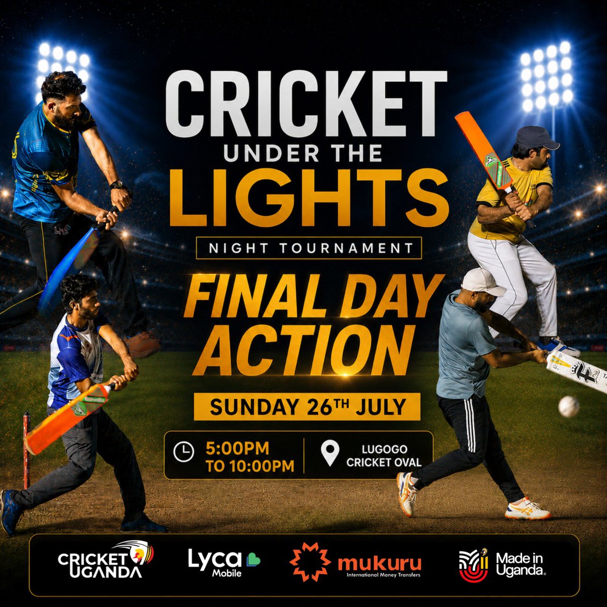 CricketUganda's tweet photo. Lugogo, tuli awo leero. 

Final day of Cricket Under the Lights.

Come through and enjoy an evening of exciting cricket.

#LycaConnectsCricket https://t.co/hr6QY7ua6u