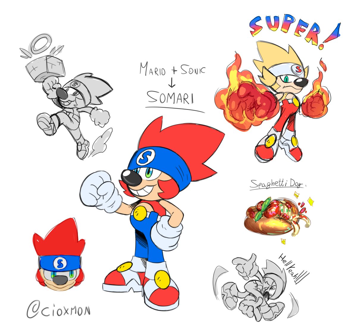 Cioxmon's tweet photo. I Challenged myself to sketch a fusion between Super Mario and Sonic! He LOVES chili dogs with speghetti in them https://t.co/FAH3JHj6XP