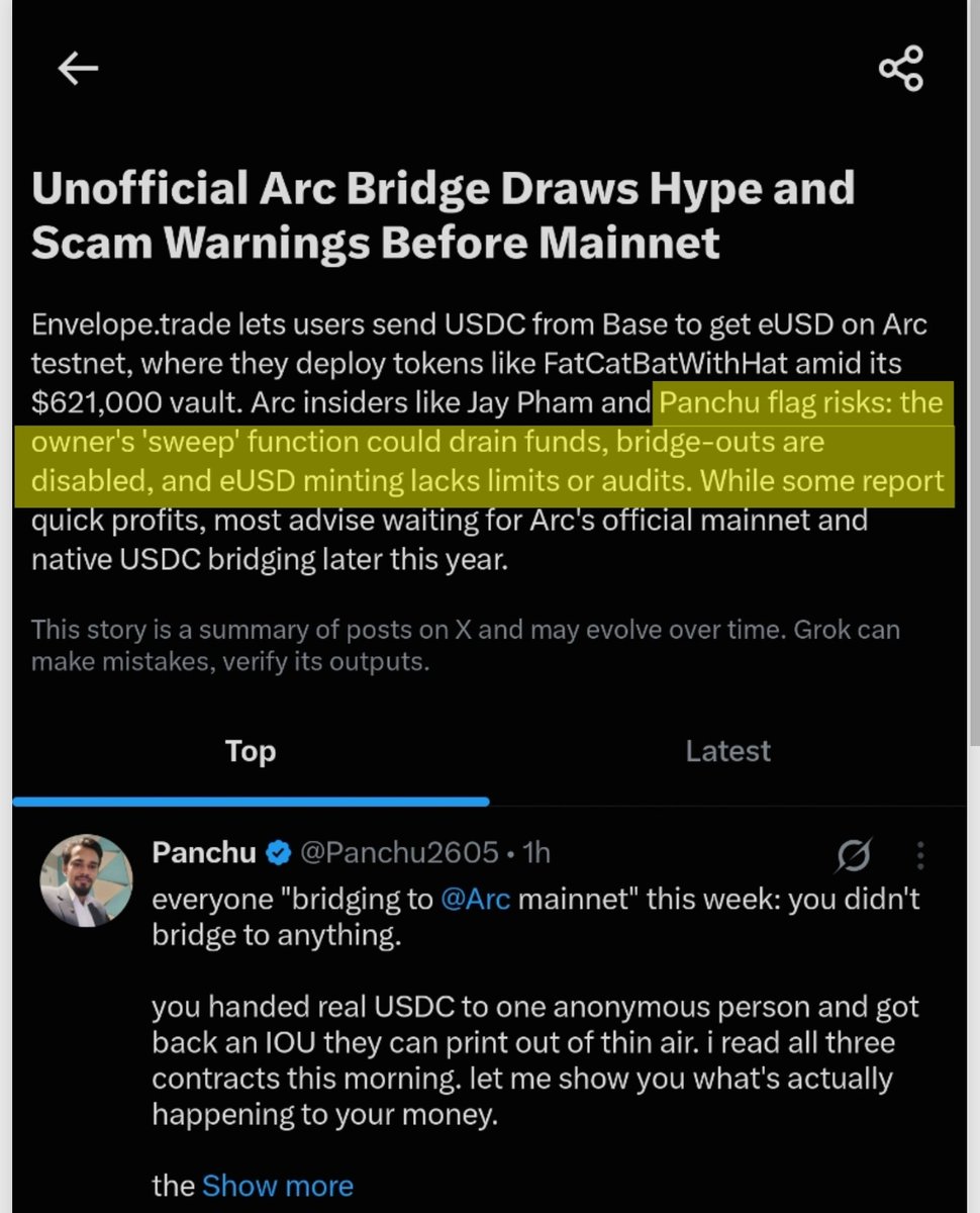 Panchu2605's tweet photo. WE JUST FLIPPED THE NARRATIVE.

a few hours ago it was all “ @Arc mainnet hype ”
now it’s literally showing scam warnings - and they’re referencing what we’ve been saying

this is what happens when people stop blindly aping and actually look at the contracts

Arc mainnet isn’t even live yet
no official bridge
and still people were sending real USDC into unverified systems

that needed to be called out - and it was

this is the power of community. this is how you protect people.

now don’t just stop here -

quote the original post
quote THIS post
add your own findings
push it further

there are still a lot of people about to walk into this thinking they’re “early”

let’s make sure they’re not exit liquidity

stay safe 🙏