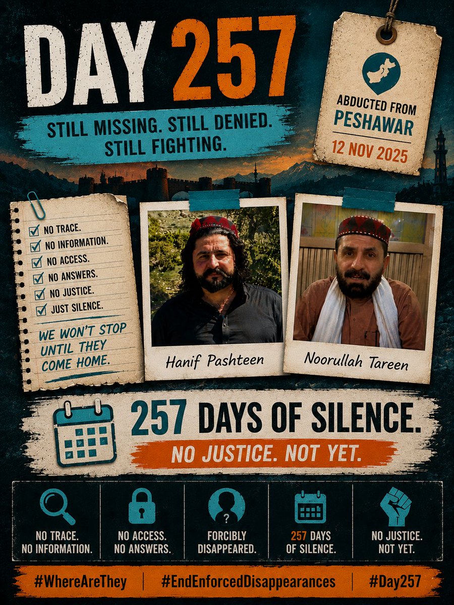 Nazran71's tweet photo. Keeping them cut off from legal defense for 257 days is a war on political dissent. 
#EndEnforcedDisappearances   

2/2 @ZakaUllah172132 @msafi82 
@TuriNaeem https://t.co/tlYPud0hRf