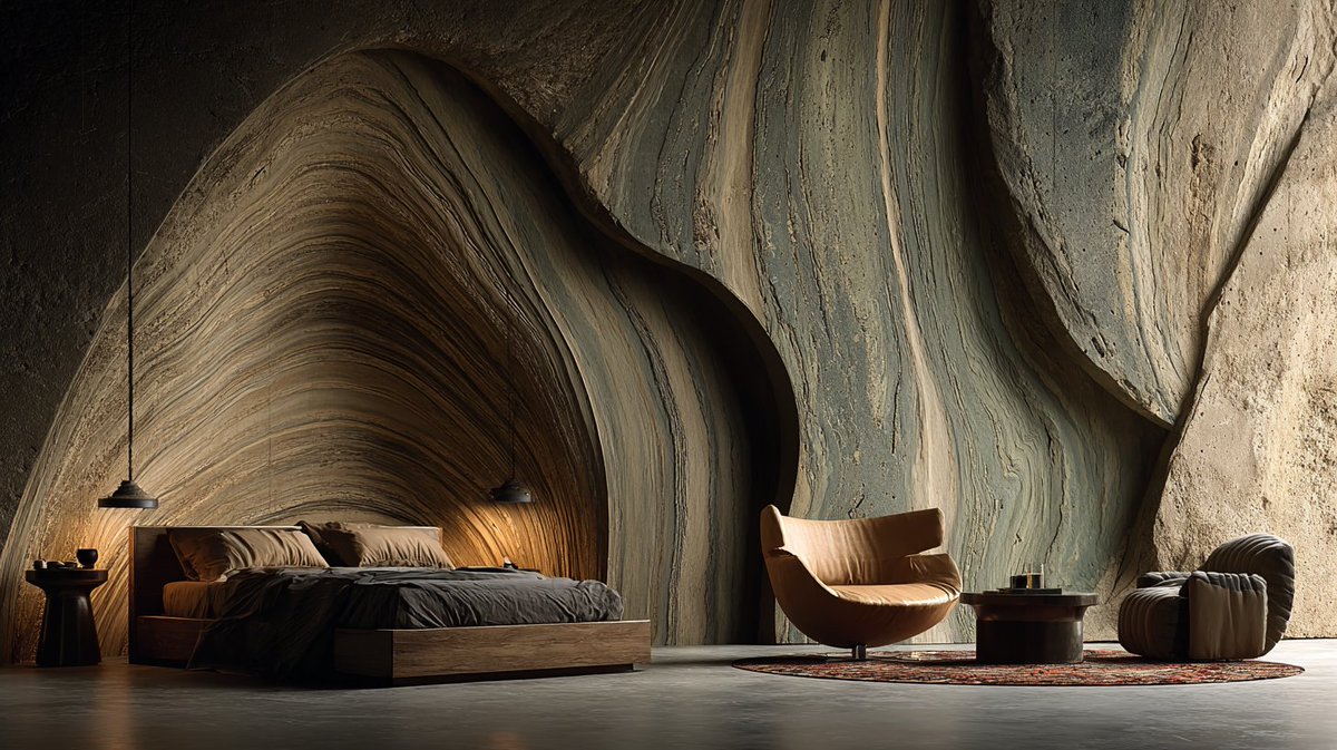 phokuinc's tweet photo. Quiet luxury meets the earth stone interior. Deeply primal yet peaceful about these textures. The perfect place to disconnect from the digital world. #InteriorArchitecture #ConceptDesign #moodboard https://t.co/vv5Zl5AcFW