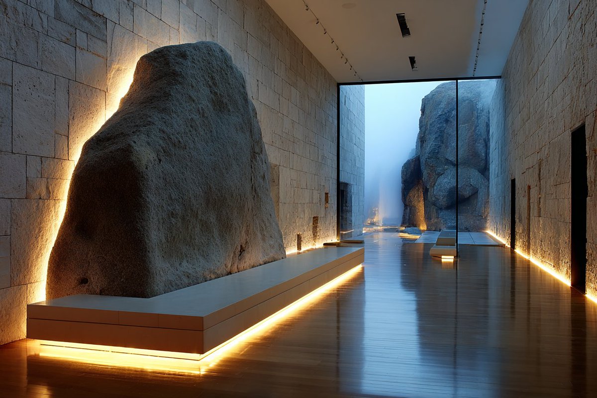 phokuinc's tweet photo. Quiet luxury meets the earth stone interior. Deeply primal yet peaceful about these textures. The perfect place to disconnect from the digital world. #InteriorArchitecture #ConceptDesign #moodboard https://t.co/vv5Zl5AcFW