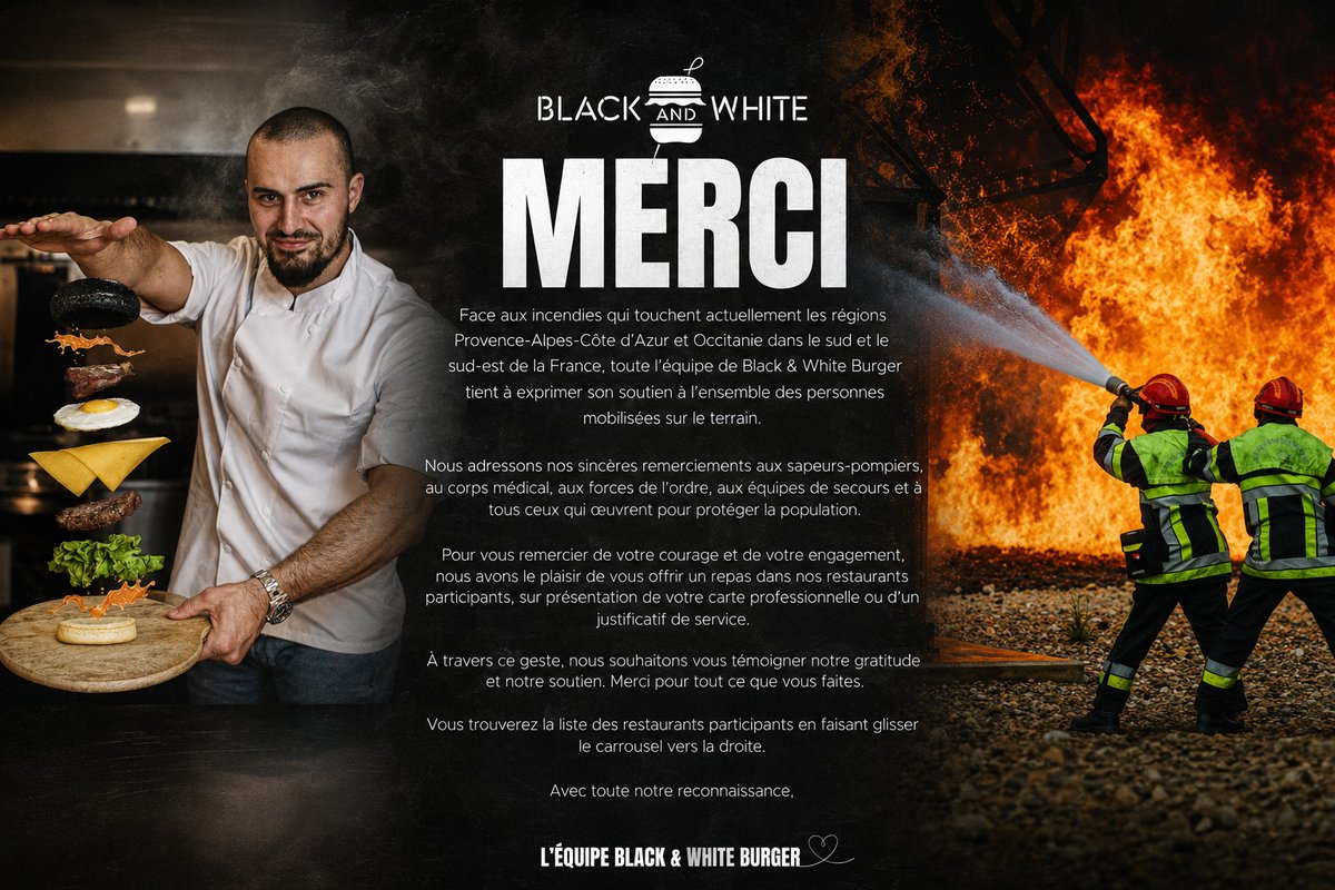 AlertesInfos's tweet photo. 🍔🇫🇷 Le restaurant Black &amp; White Burger, fondé par le vidéaste IbraTV, annonce offrir un repas aux sapeurs-pompiers mobilisés contre les incendies dans le sud et le sud-est de la France. 👏 https://t.co/6q4tfzkUCo