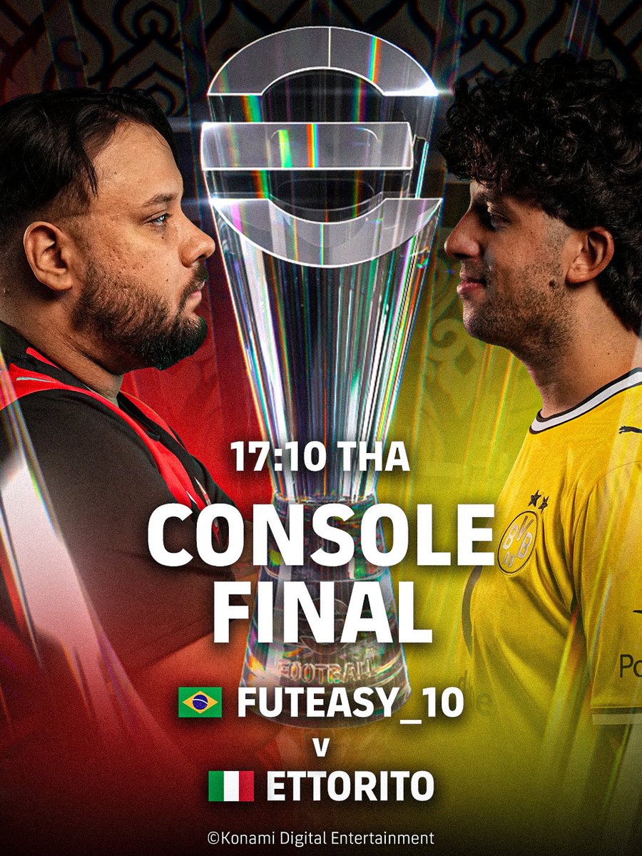 play_eFootball's tweet photo. Only one will lift the trophy🏆

The road has been long, but now it's time for the ultimate showdown. 

FUTEASY_10 🇧🇷  VS ETTORITO 🇮🇹

Two of the world's best eFootball™ Mobile players. One final.

🔥 Who will make history?
📅 Today 🕓 17:10 (THA)

Don't miss the grand finale and witness the world'sbest battle for the title. See you on the stream!⚽

🔗 Click here for more information about the World Finals: https://t.co/Y5ppEawQ7T

#eFootball #Championship #WorldFinals