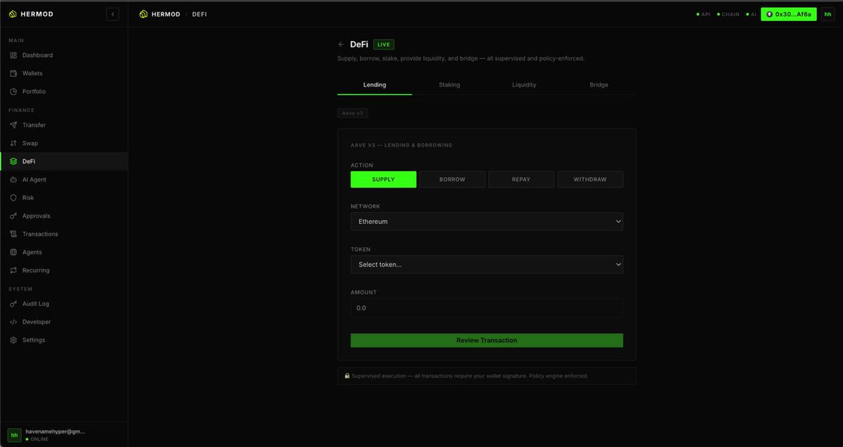 HermodAgent's tweet photo. GM ☀️

Building the future of DeFi, one step at a time.

Hermod DeFi Console is now live.

DeFi is powerful, but navigating multiple protocols shouldn’t be complicated.

Hermod lets you interact with Aave v3, Lido, Rocket Pool, Uniswap v3, and bridge across major L2s from a single interface using natural language.

Tell Hermod what you want to do. It understands your intent, prepares the transaction, and routes you to the right protocol- all while every action remains protected through supervised wallet signing.

This is the beginning of agent-grade onchain finance.

https://t.co/i0pAEzwlaR
$HMOD $HOOD