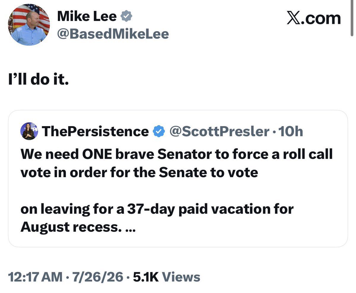 americanpatro's tweet photo. HOLY COW! 

BREAKING NEWS

Senator Mike Lee just said that he will force a roll call vote

in order for the Senate to vote on whether or not to leave DC for the August recess.

Thank you, @BasedMikeLee. https://t.co/b3MBc61fMi