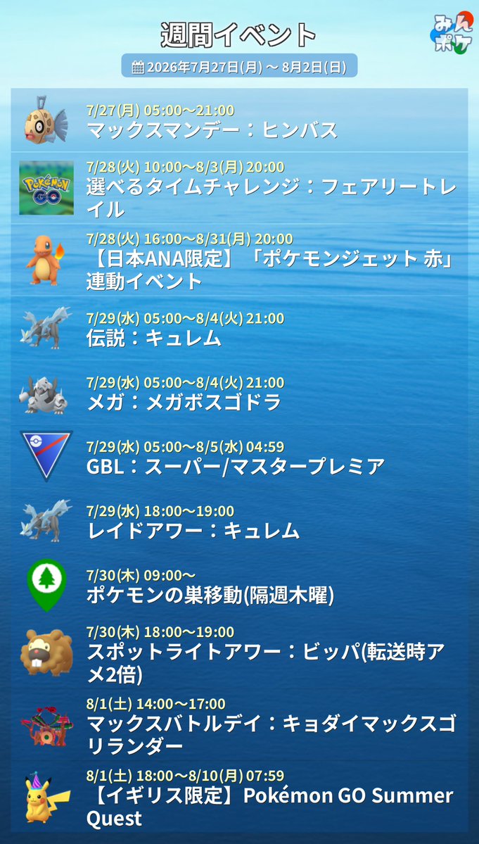 pokemongo_db's tweet photo. 【今週のイベント】
7/28(火)〜
✅選べるタイムチャレンジ：フェアリートレイル
✅ポケモンジェット赤連動イベント
対象の空港でヒトカゲレイド(ロケーション背景)

8/1(土)マックスバトルデイ：キョダイマックスゴリランダー
色違い初登場✨
https://t.co/n13PRW7Xq2
#ポケモンGO https://t.co/mqPnP17DIl