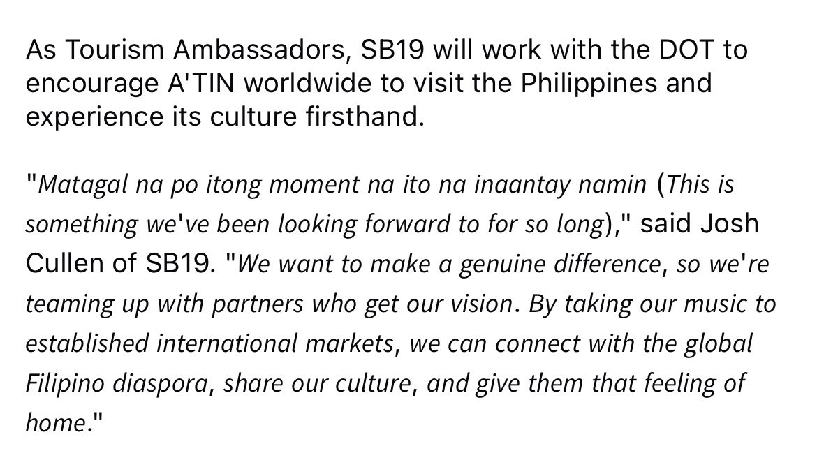 oohjcs's tweet photo. SB19 has been fulfilling the DOT’s mission long before they were officially named its ambassadors. 

for years, they’ve  been bringing people from all over the world to the Philippines through their concerts, while their music proudly showcases filipino culture and identity. they didn’t just earn this title, they’ve been living it for years

SB19 PH TOURISM AMBASSADORS
@SB19Official #SB19
@TourismPHL #UySB19 🐐
#SB19GalingBayan
