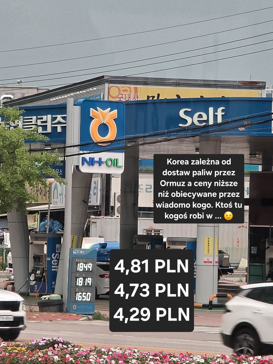 GoldenWafi's tweet photo. @prezydentpl Jestem aktualnie w Korei Południowej. Są 3 największym importerem paliw na świecie z krajów Zatoki Perskiej- 70% zapotrzebowania... mimo to ceny na stacjach mają poniżej 5 zł za litr 😅 wony na pln liczone... na dolara trochę powyżej 5 złotych https://t.co/VPxmqxq5Rq