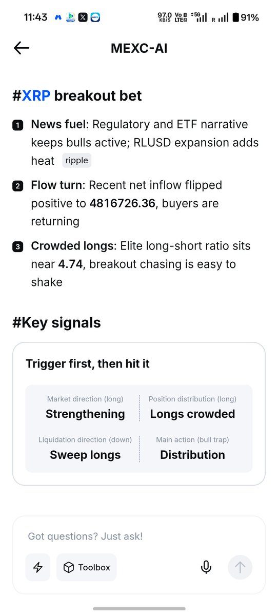 ZENITH_H2's tweet photo. @MEXC My prompt:  If xrp break 1.2$ with nrml volume open a 50x long position with 2% stop loss 

#MEXCAI https://t.co/z2qyqjTRY5