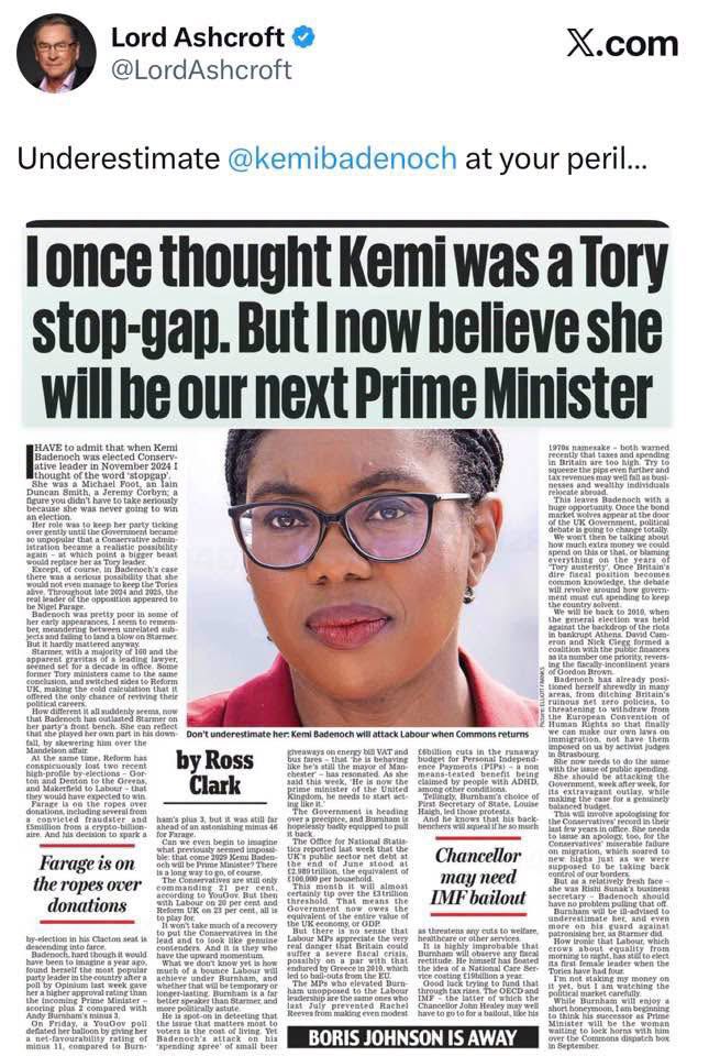 PPresidentRTBI's tweet photo. The best UK politician in a generation, Lord Ashcroft is right @KemiBadenoch 
 is on course to be the next UK Prime Minister. She has turned the Conservatives back into Conservatives and is the only leader that has and can articulate a clear plan to move the Country forward. https://t.co/hXC9dwm3JD