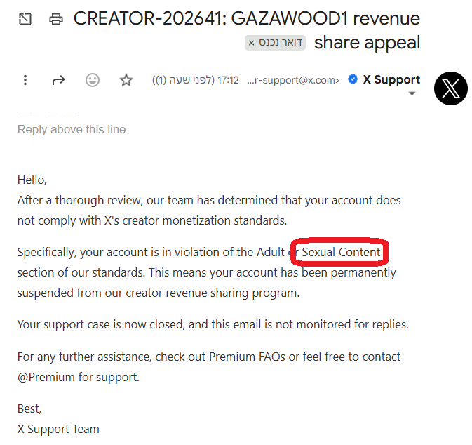 GAZAWOOD1's tweet photo. Okay, you won’t believe this:

Islamists mass-reported my account.
But for what?
Supposedly because "@GAZAWOOD1 is distributing sexual content."

And what was the content?
Hold on tight:
Overweight men in Gaza with... man boobs.

It’s completely absurd—a classic case of using the free speech enabled by X to actively harm X itself.

I appealed, of course, but immediately received an automated response stating that my account was permanently demonetized (and flagged for graphic content) for "sexual content."
My account isn’t the only one hit by this bug, and I hope it gets fixed soon—even though my reach has crashed by 83% for over a month and my monetization was stripped.

I'm a firm believer in @X  and @elonmusk. The Islamists and bad actors taking advantage of X's openness just want to suppress the truth and ruin anyone exposing it.

@nikitabier, I’d really appreciate your help here 🙏. I strive to follow guidelines and stay authentic. Despite endless attacks, I have no negative Community Notes because my content is thoroughly verified. On the handful of occasions I made a mistake, I immediately deleted and corrected it. My goal is simply to offer a counter-narrative to mainstream media bias.
My posts have repeatedly been picked up by news channels — this is real, newsworthy content, not anything sexual.

People who know how to game the algorithm are deliberately weaponizing mass reports to silence accounts that refuse to play along with the propaganda.
Yet X remains the only platform where we can actually defend ourselves without getting permanently silenced by those driven by suicidal empathy.

I hope this gets resolved soon, but either way, the truth doesn’t need permission—and it will keep breaking through no matter how hard they try to bury it.