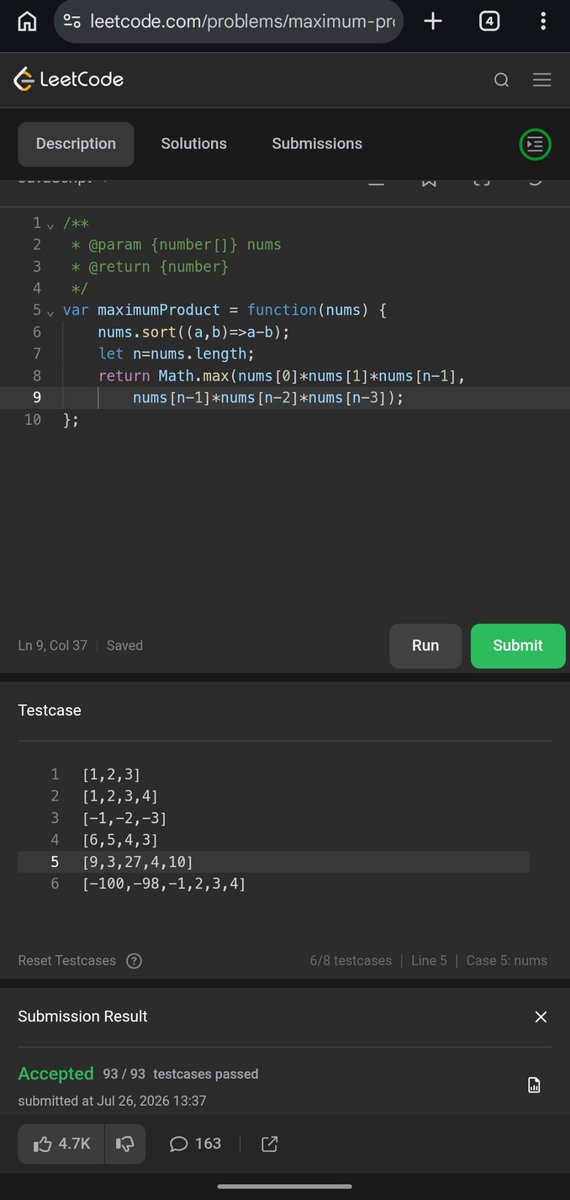 Pratikshak19332's tweet photo. 🎊 Day 662 of the @LeetCode #POTD! 🚀
Maximum Product of Three Numbers
• Brute Force: Check every triplet. O(n³)
• Sorting: Compare the product of the three largest numbers with the product of the two smallest and the largest. O(n log n)
#LeetCode #POTD #DSA #JavaScript https://t.co/YJDENShiPZ