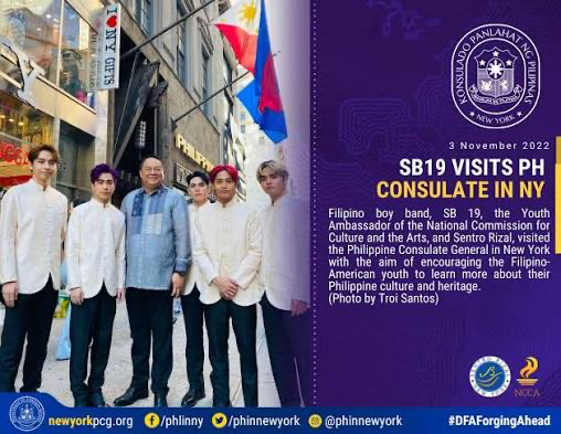 SoundBreakPH's tweet photo. SB19 was recognized by the National Commission for Culture and the Arts as Youth and Sentro Rizal Ambassadors for promoting Philippine arts and culture.

D-4 PPOP ROAD TO LOLLA
SB19 PH TOURISM AMBASSADORS
@SB19Official #SB19
@TourismPHL #UySB19 🐐
#SB19GalingBayan https://t.co/FpB2gPy1ZW