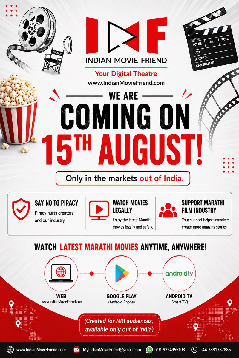 IndianMovieFrnd's tweet photo. Your Digital Theatre #IndianMovieFriend is coming on 15th August. Available for NRIs - Outside Indian Markets only on Web-Mobile-Smart TVs.. tag your Indian Movie Friend and share, repost! #indianmoviefriend #marathi #movies https://t.co/zNmD928wYN