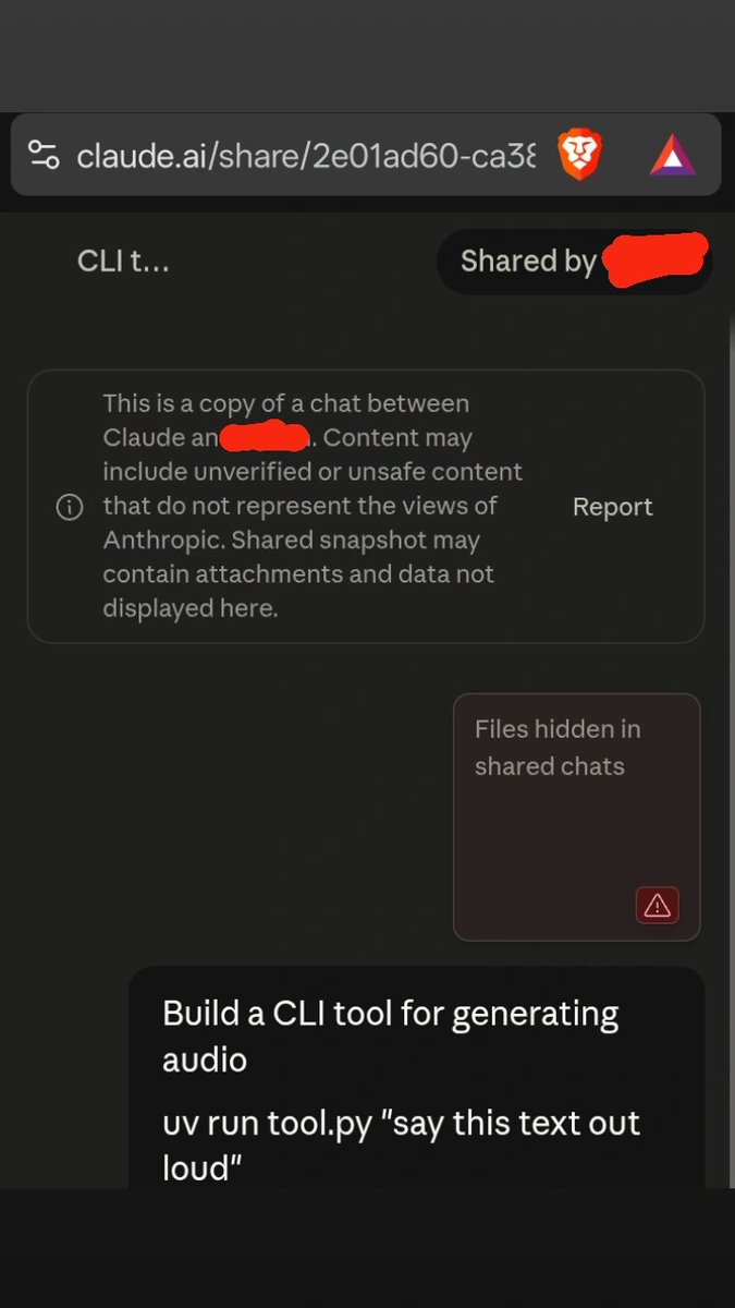 ascorbichelix's tweet photo. A serious mistake by @AnthropicAI.

Shared Claude chats are currently indexed by search engines and can be discovered using:

"site:https://t.co/2yQYOhoxr4"

Opening these links reveals the user's name (when included) along with the entire shared conversation.

As of writing this post, the issue has not been fixed.

Sharing a chat via a link is one thing, but having those links indexed and easily discoverable through search engines is a significant privacy concern. 

Shared conversations should not be discoverable simply by searching the web.