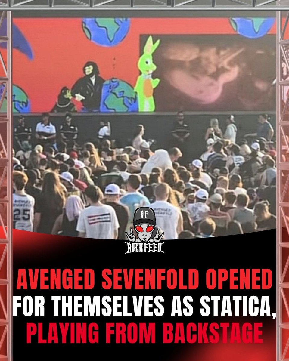 RockFeedNet's tweet photo. Avenged Sevenfold opened for themselves on Saturday. STATICA at 6:50, Avenged Sevenfold at 9:35, same band both times. The STATICA set was their first ever, and they played it from backstage while the crowd watched the screens. https://t.co/Fz2jD8kguC