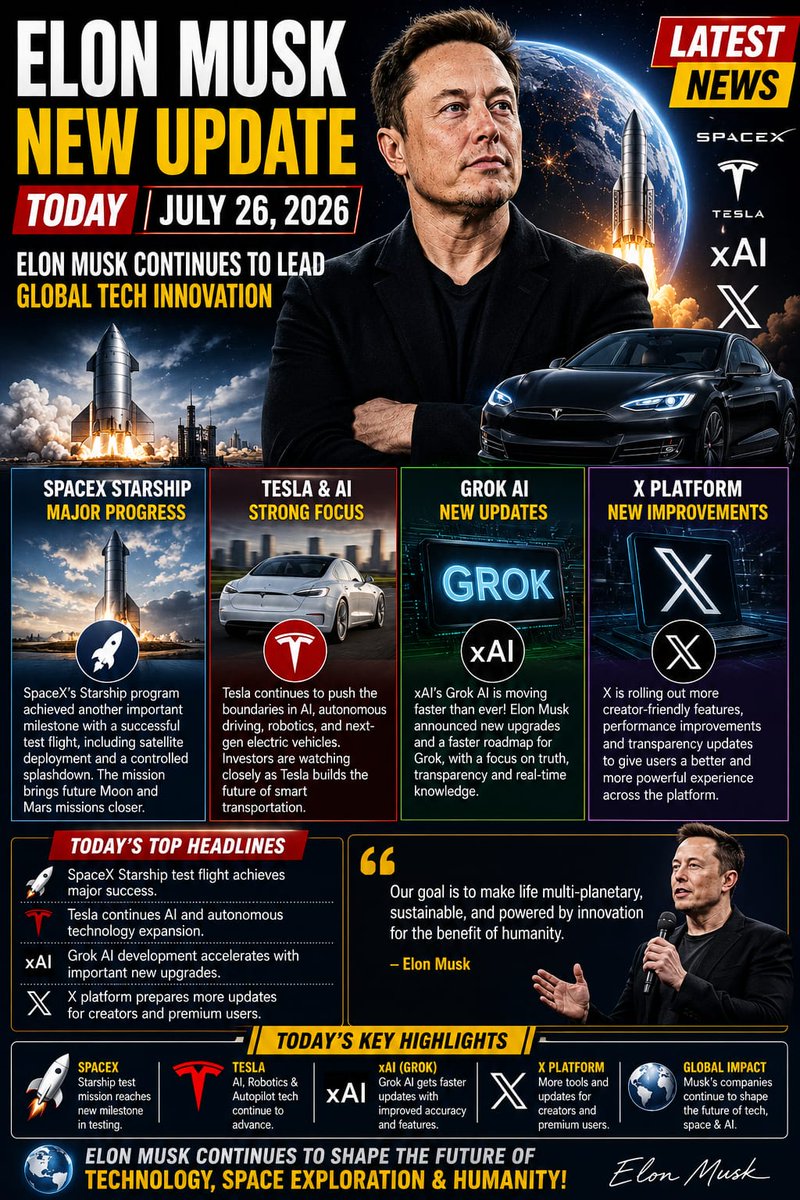 FreyaR15261's tweet photo. 🚨 ELON MUSK BREAKING NEWS | JULY 26, 2026 | SpaceX, Tesla, xAI &amp; X Latest Update https://t.co/uvckm8TS64