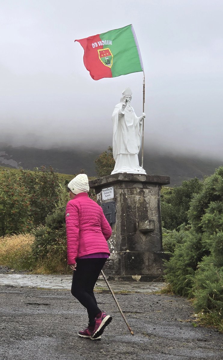 SarahRMacDonald's tweet photo. St Patrick nails his colours to the mast this #ReekSunday! Can he work a miracle for #Mayo in Croke Park... pilgrims seem to think so! Prayers said at Mass on the summit of #CroaghPatrick #AllIreland2026 @mayotourism @MayoGAA @tuamarchdiocese @BishopFintan https://t.co/bf7wpAoA06