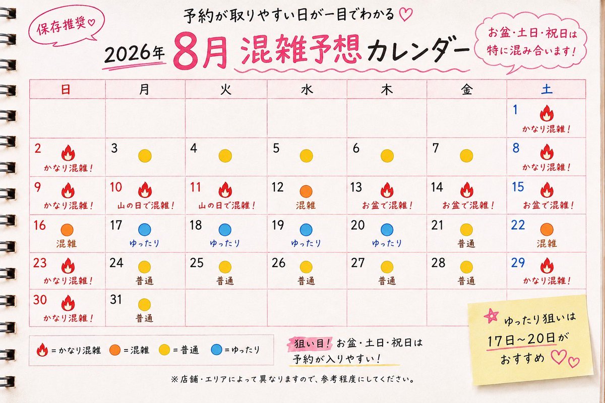 ren_ren_5427's tweet photo. ♻️1500

先ほどのは誤りがありまして
再度投稿させていただきます。

こちら8月混雑予想カレンダーです。

歴8年以上の経験を元に作成してますので再現性はかなり高いかと思います。 https://t.co/NmXHLU7soR