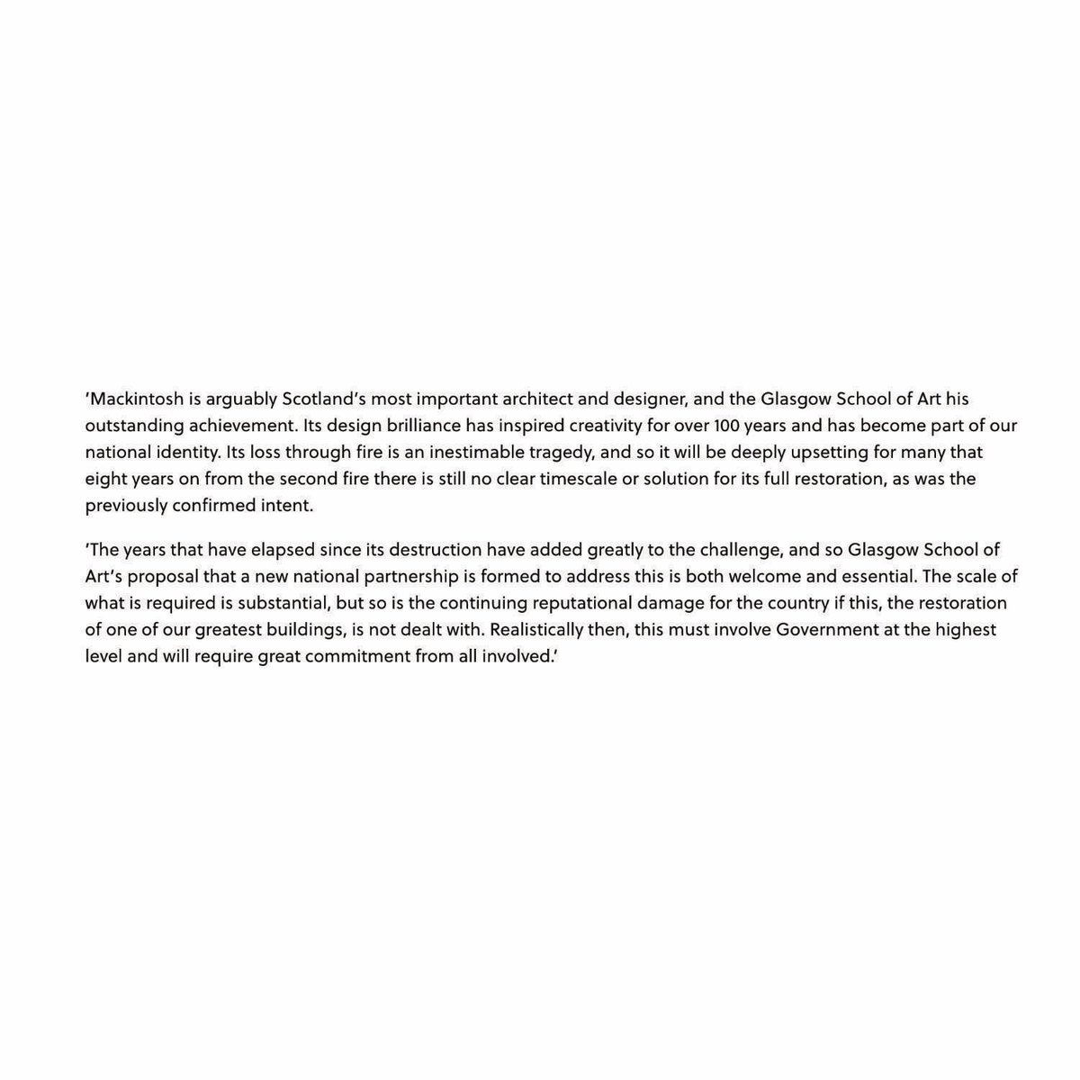 DuilleDesign's tweet photo. The CEO of The National Trust for Scotland has responded to recent news on the GSA Mackintosh Building.

An honest and hopeful assessment ( see extract here ).

Other leaders please take note - and make things happen.

Full details: https://t.co/Mkdg4LLoGg https://t.co/20ZglvEiC5