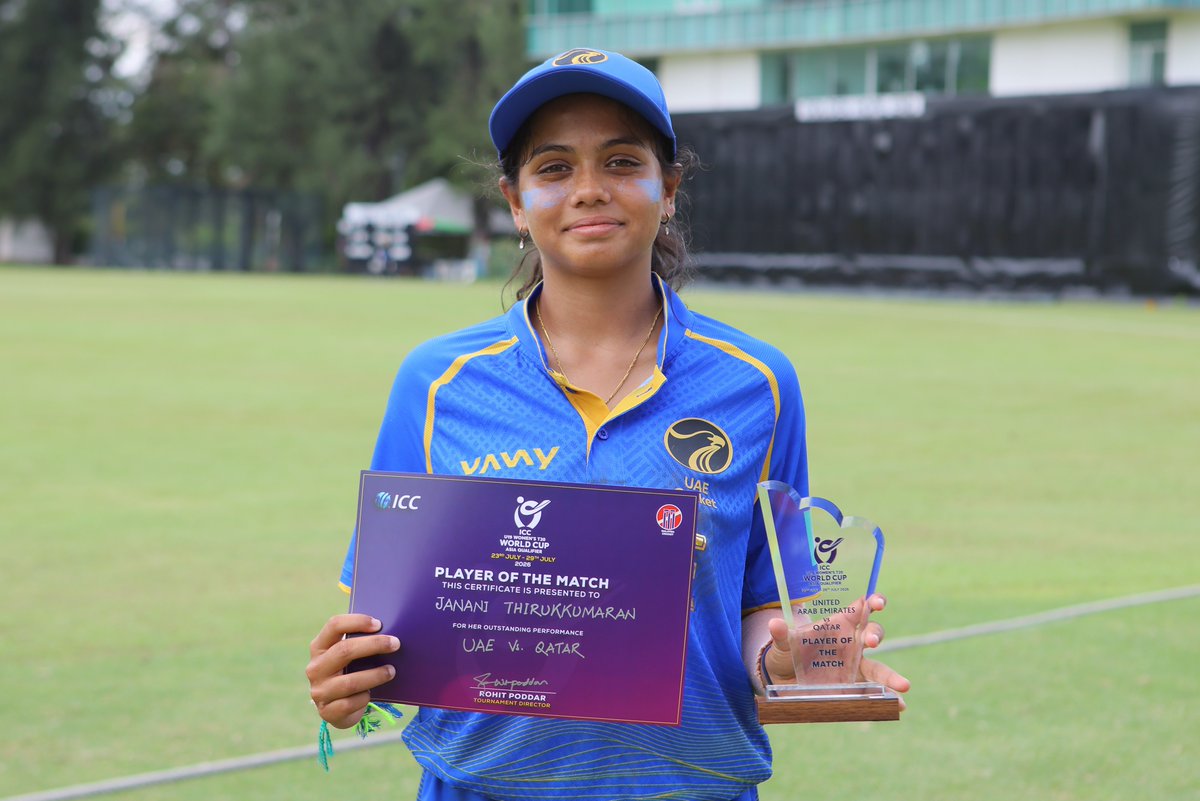 EmiratesCricket's tweet photo. ICC U19 Women's T20 World Cup Asia Qualifier: 
UAE beat Qatar by 81 runs to confirm semi-final spot
🫡🇦🇪
Scores in brief:
UAE U19: 139/5, 20 overs (Mehul Kulkarni 44, Mehak Thakur 25, Janani Thirukkumaran 23; Lihara Abeysekara 2-21
Qatar U19: 58 all out, 16.3 overs (Maria Jacob 18, Christeena Jacob 14; Mehak Thakur 2-3, Janani Thirukkumaran 2-7, Afsha Khan 2-10)
Player of the match: Janani Thirukkumaran
Match details: https://t.co/HsFlOigckT