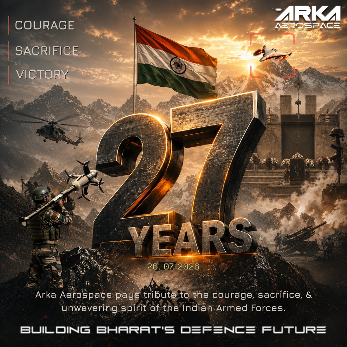 ArkaAerospace's tweet photo. Honouring the courage, sacrifice, and unwavering spirit of our Kargil heroes.

At @ArkaAerospace  , we salute the brave soldiers who continue to inspire our commitment to strengthening India's defence capabilities.

Jai Hind.

#KargilVijayDiwas2026 #KargilWar #DefenceIndia https://t.co/qZIYAFGkIU